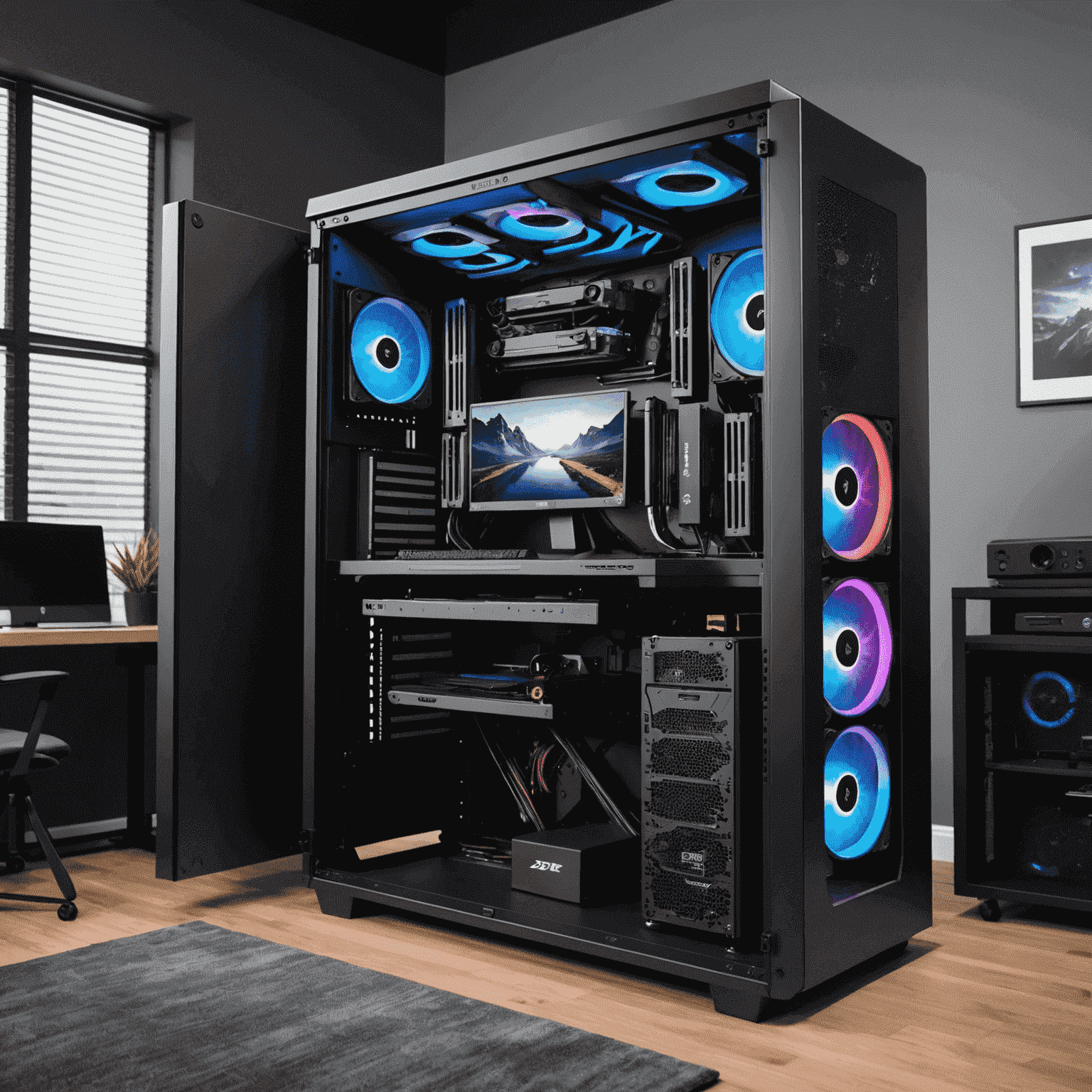 A high-performance gaming PC setup with multiple monitors, RGB lighting, and a sleek black and grey color scheme. The PC case is open, showcasing top-of-the-line components including a powerful graphics card and liquid cooling system.