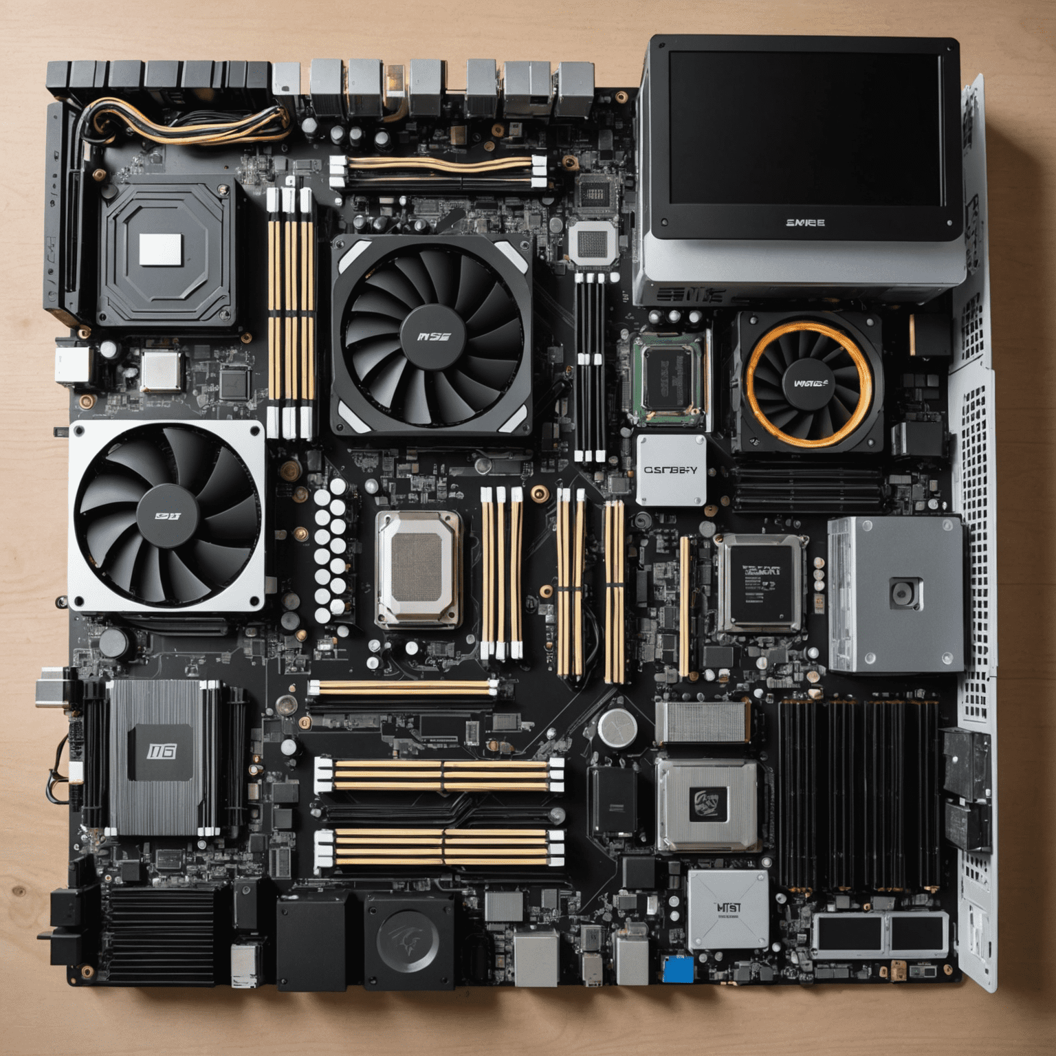 A disassembled gaming PC with various components laid out on a table, including motherboard, CPU, GPU, RAM, and power supply