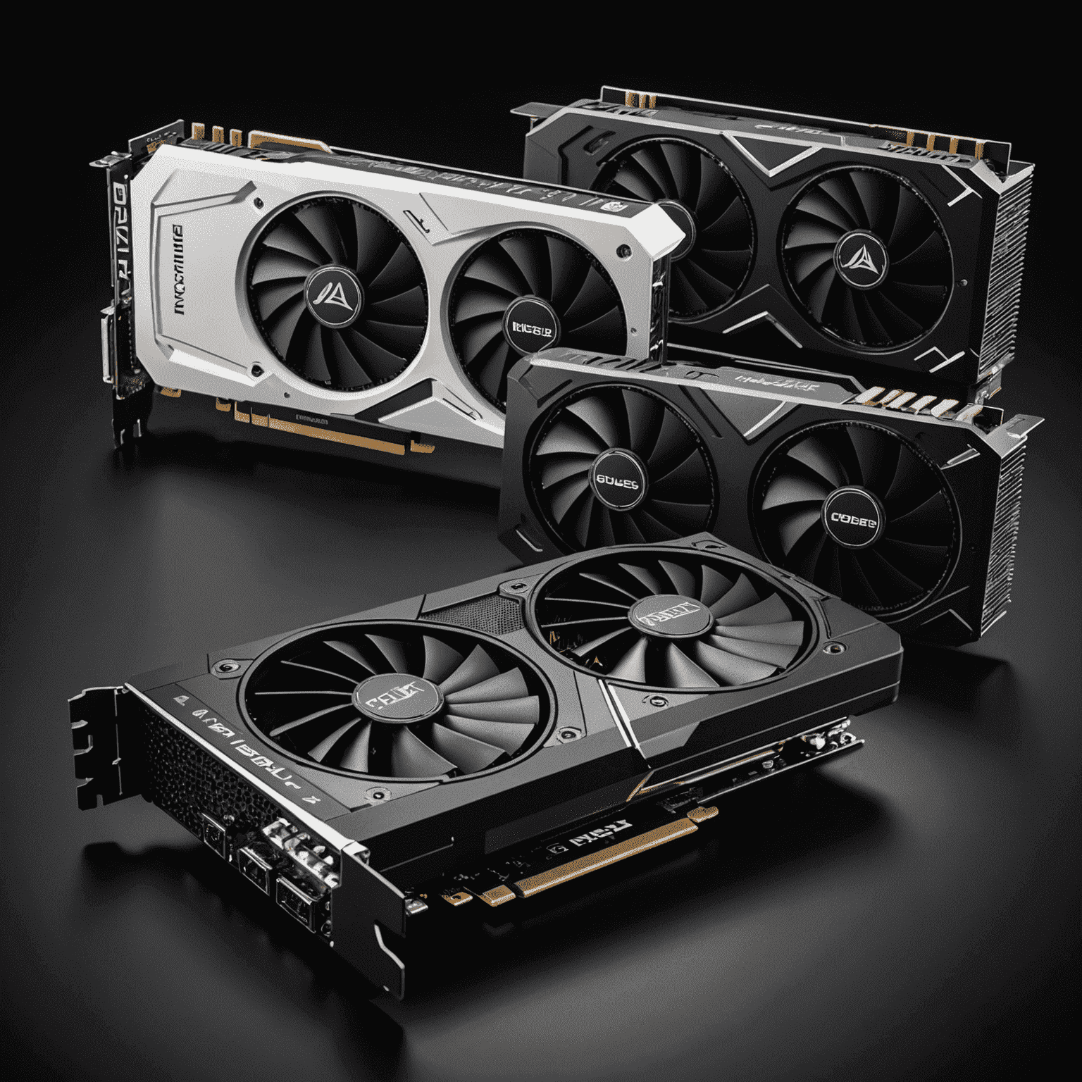 Various high-end gaming GPUs arranged on a sleek black background, showcasing their cooling systems and design