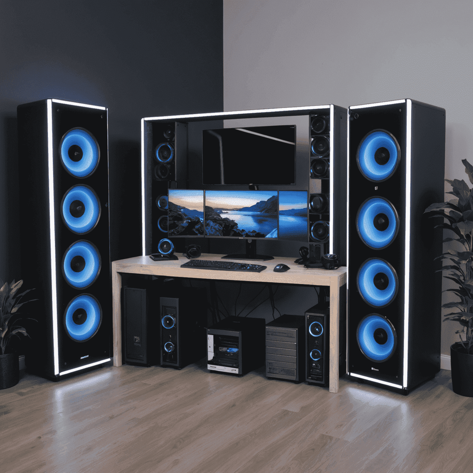 A high-performance gaming PC setup with multiple monitors, RGB lighting, and a sleek tower case