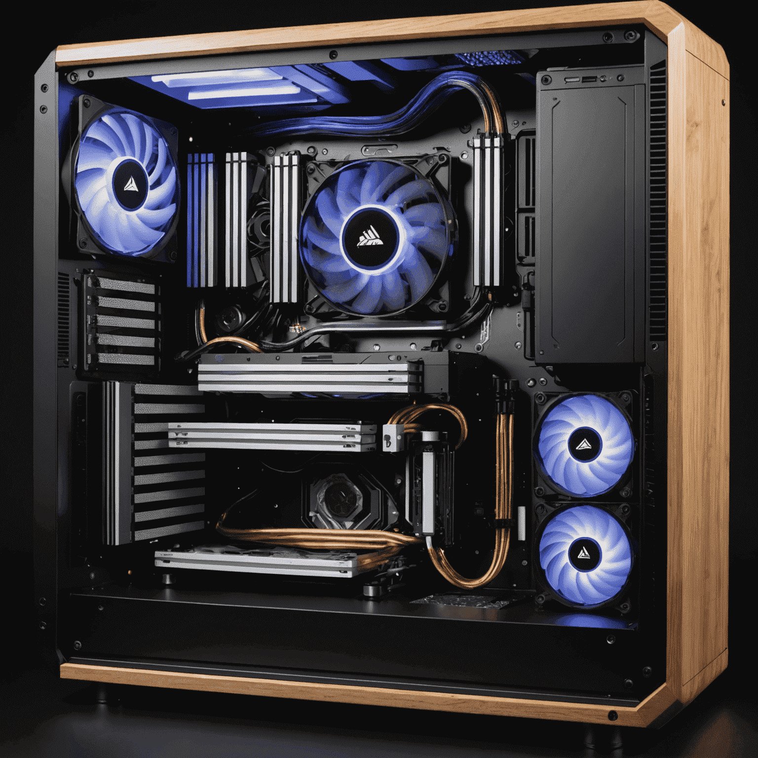 A high-performance gaming PC with visible cooling components including liquid cooling radiators, fans, and heat sinks