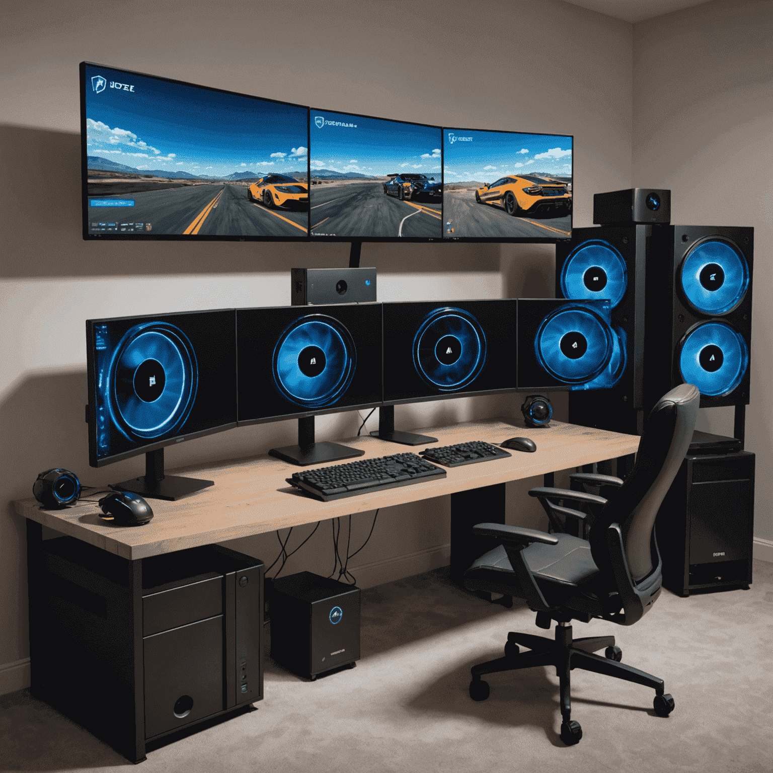 A high-end gaming PC setup with multiple monitors displaying various games, showcasing the power of these top CPUs