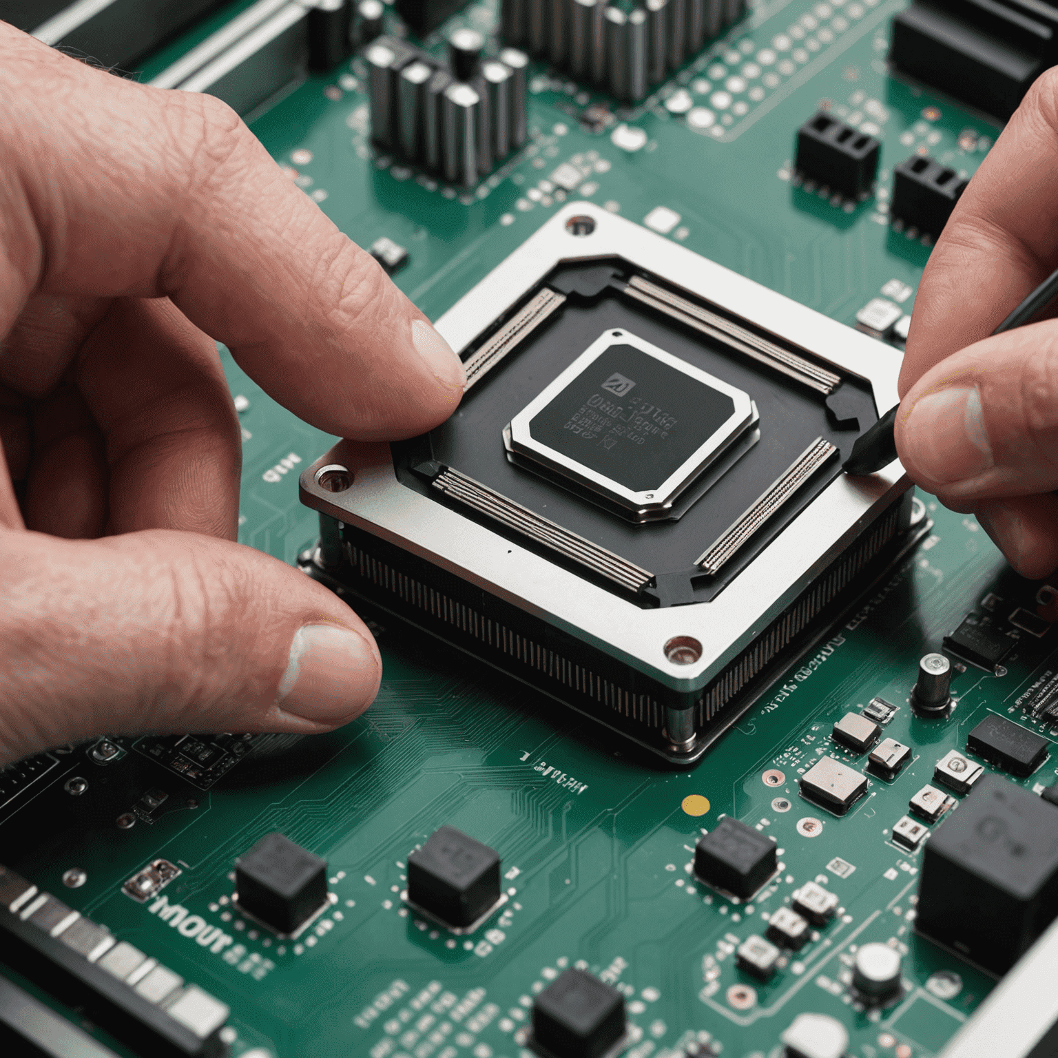 Close-up of a CPU being installed into a motherboard socket