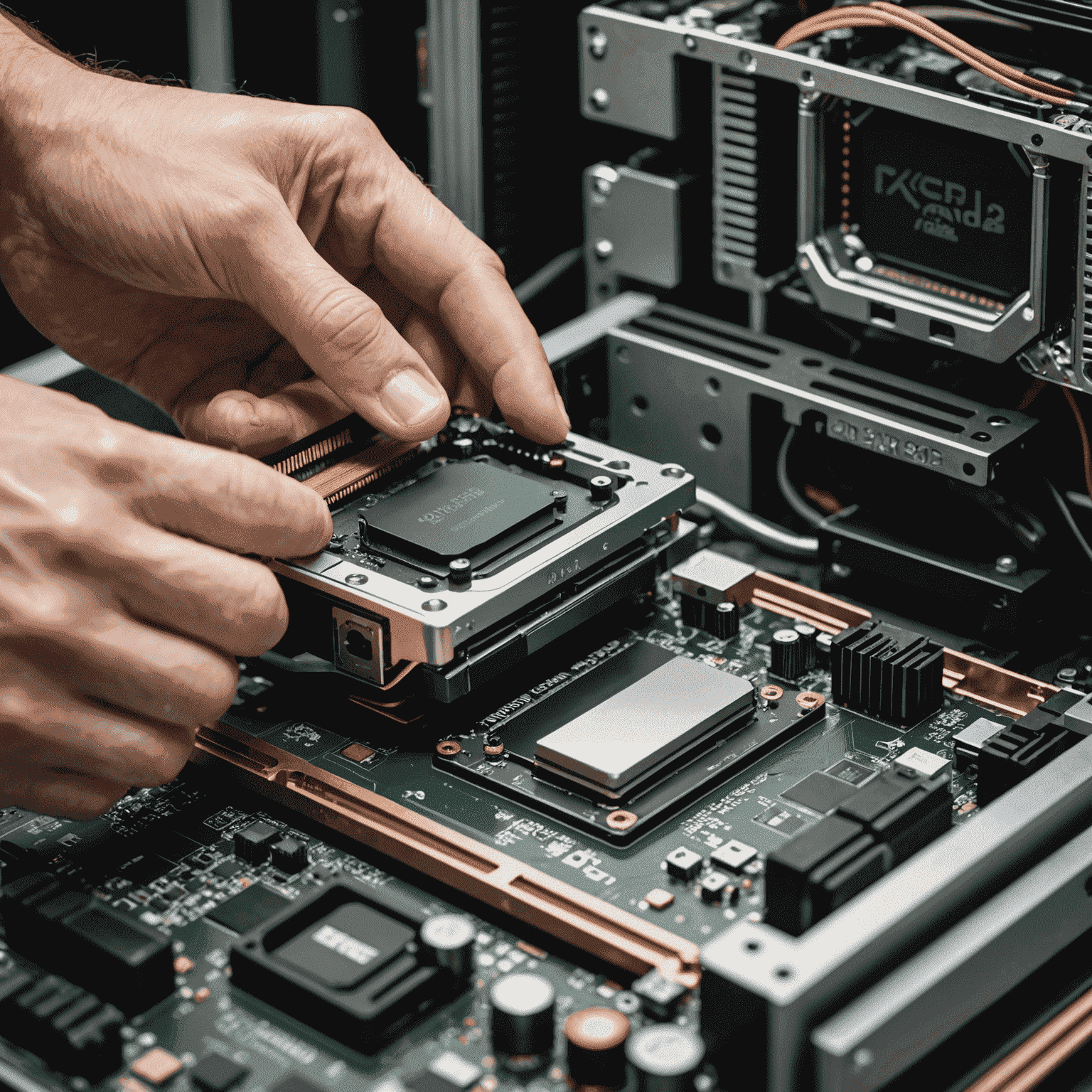 A hand installing a high-end graphics card into a motherboard's PCIe slot