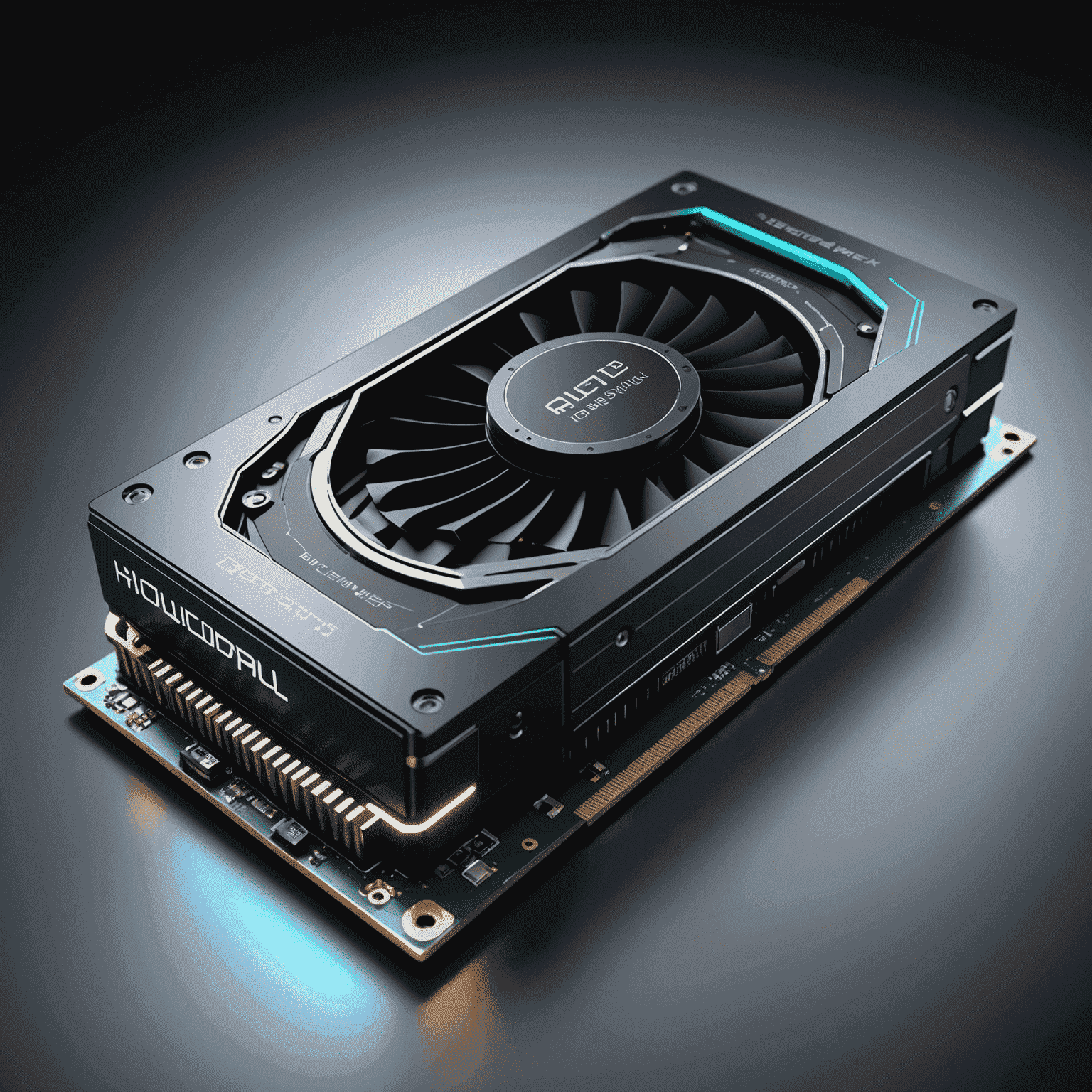 Futuristic concept render of a next-generation GPU with holographic display showing performance metrics