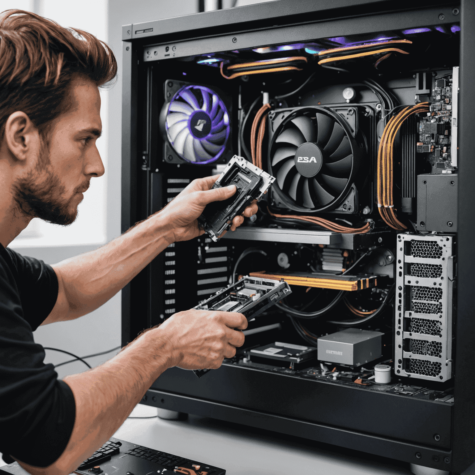 A person cleaning the inside of a gaming PC, removing dust from components