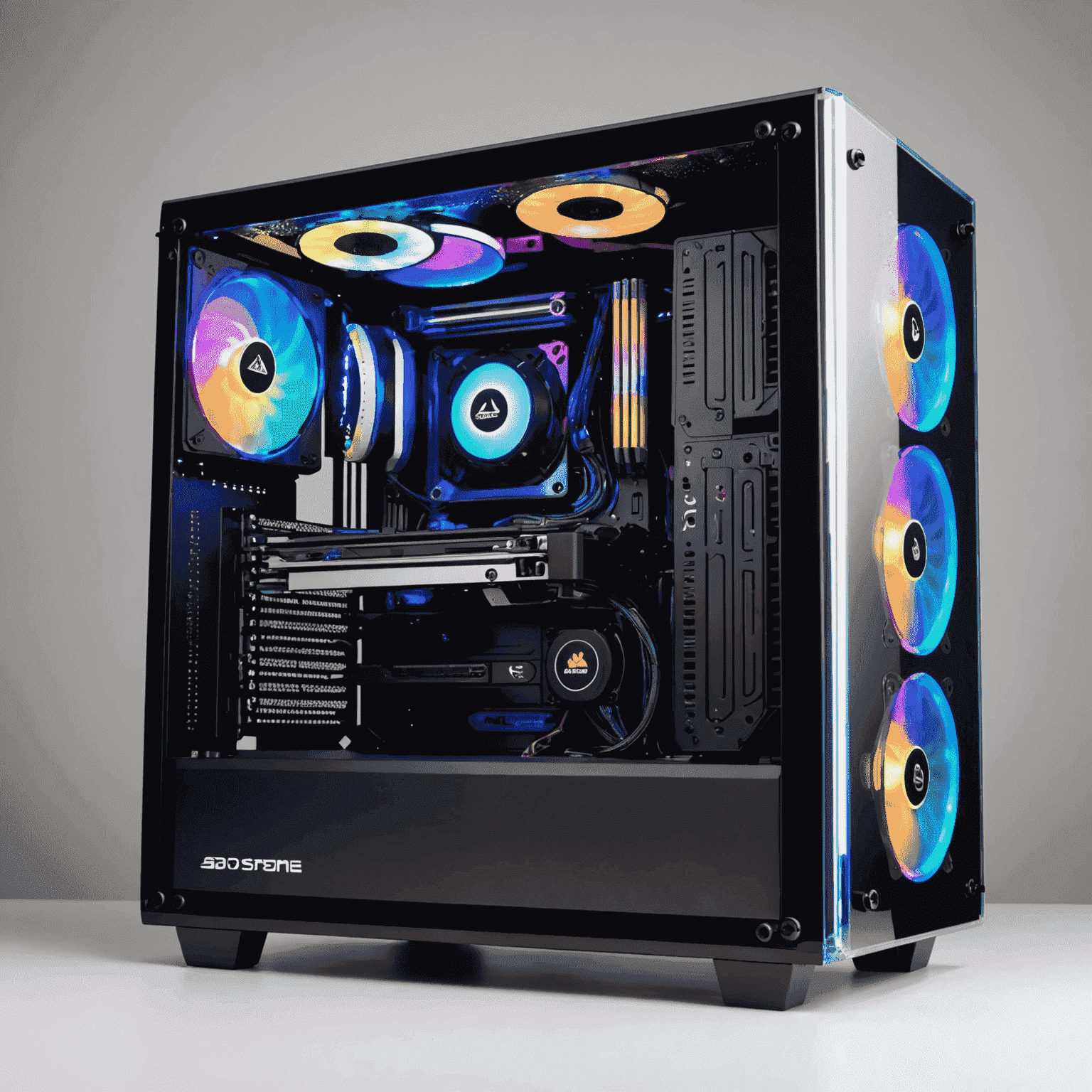 A fully assembled, illuminated gaming PC with a transparent case, showcasing high-end components and neat cable management